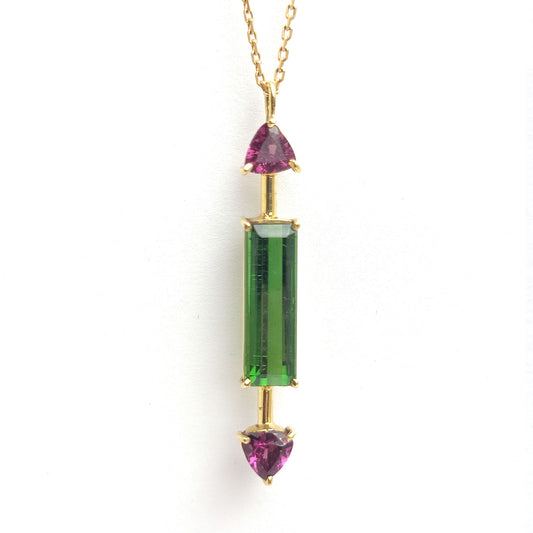 Gold Pendant - Green Tourmaline and Rhodolites
