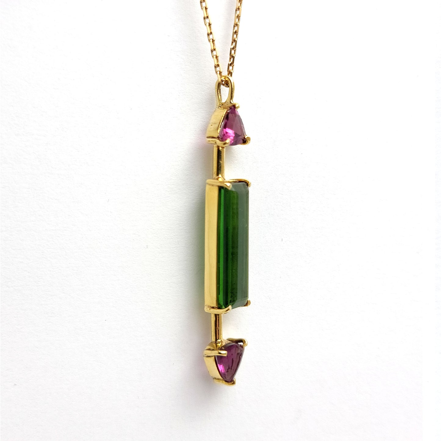 Gold Pendant - Green Tourmaline and Rhodolites