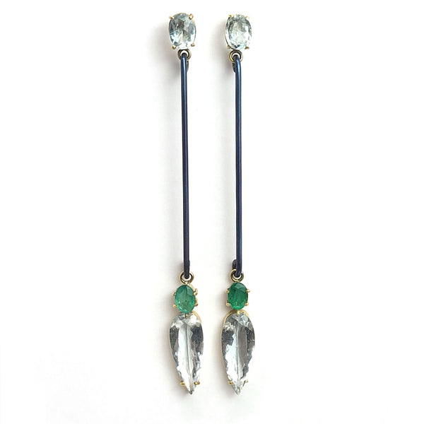 Earrings Titanium & Gold Long Aquamarine and Emerald