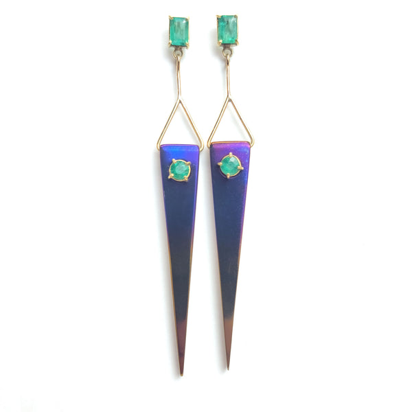 Earrings Titanium & Gold Long Sword Emeralds