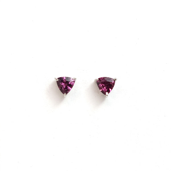 Earrings sterling solitaire - Rhodolite trillion