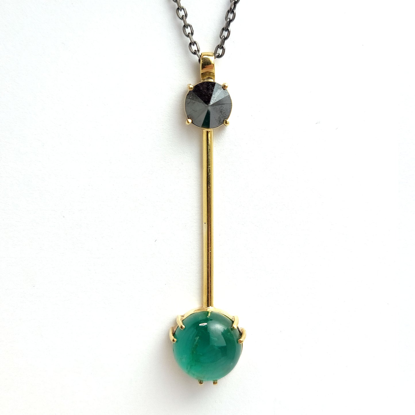 Gold Pendant - Cabochon emerald and Black diamond